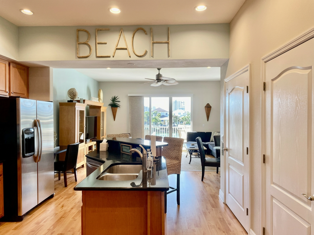 Bright kitchen entry with island opening into the living area