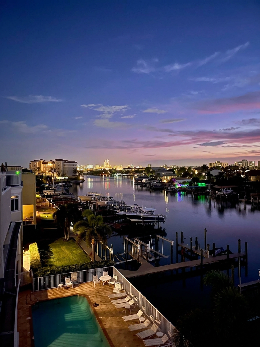 Marina and intracoastal view at dusk from the townhouse