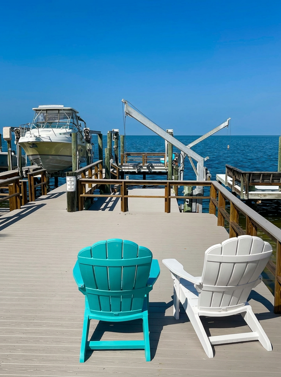 Adirondack chairs on the private dock with boat lift and Gulf views