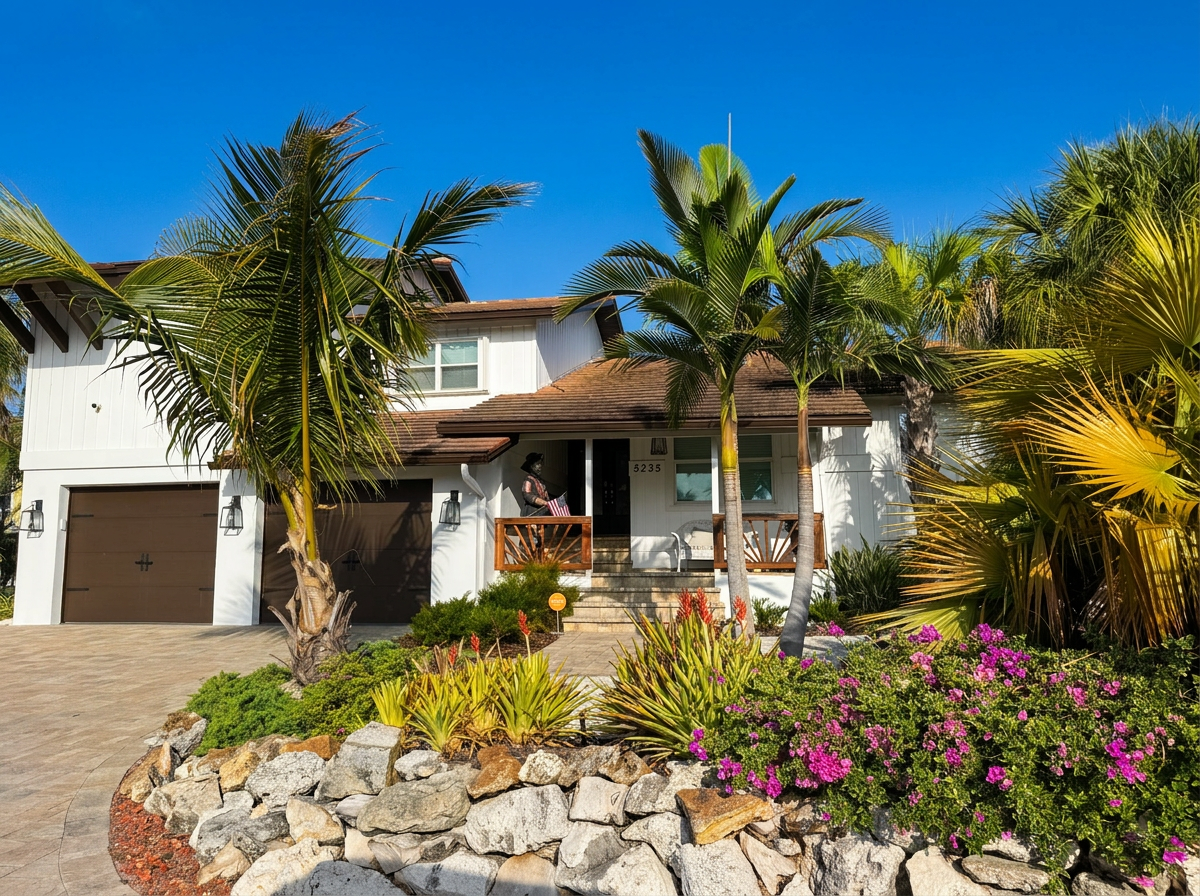 Front exterior of the Key West–style home with palms and tropical landscaping