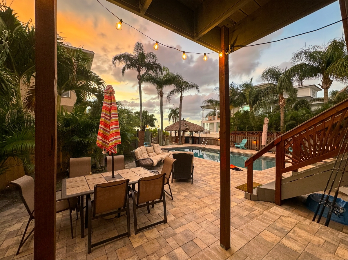 Covered patio at sunset with string lights, dining and pool view