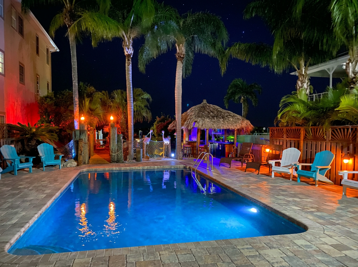 Pool, tiki bar and torches lit up at night